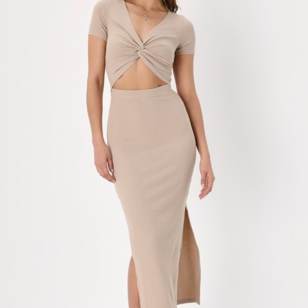 Lulus Style Twist Beige Twist Front Cutout Midi Dress - Size L
